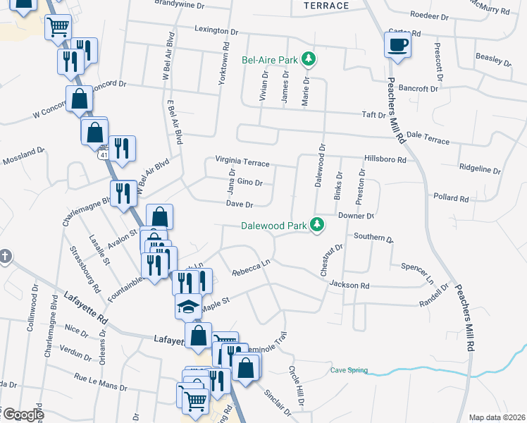 map of restaurants, bars, coffee shops, grocery stores, and more near 125 Dave Drive in Clarksville