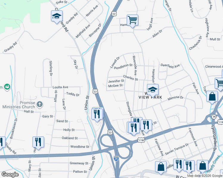 map of restaurants, bars, coffee shops, grocery stores, and more near 1741 McGee Street in Kingsport
