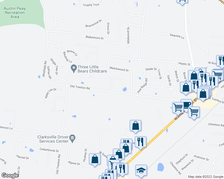 map of restaurants, bars, coffee shops, grocery stores, and more near 301 Maple Park Drive in Clarksville