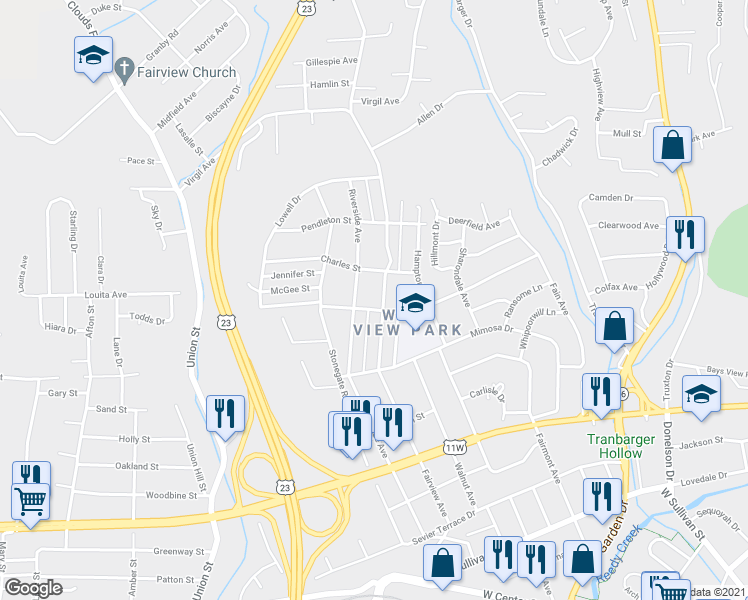 map of restaurants, bars, coffee shops, grocery stores, and more near 1125 Fairview Avenue in Kingsport