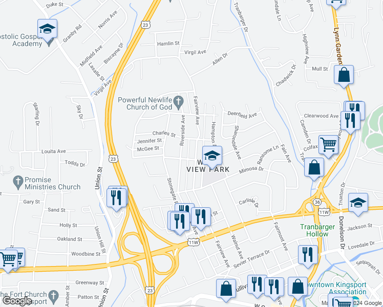 map of restaurants, bars, coffee shops, grocery stores, and more near 1108 Fairview Avenue in Kingsport