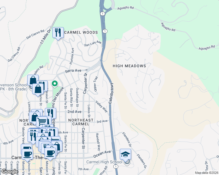 map of restaurants, bars, coffee shops, grocery stores, and more near 24735 Handley Drive in Carmel-by-the-Sea