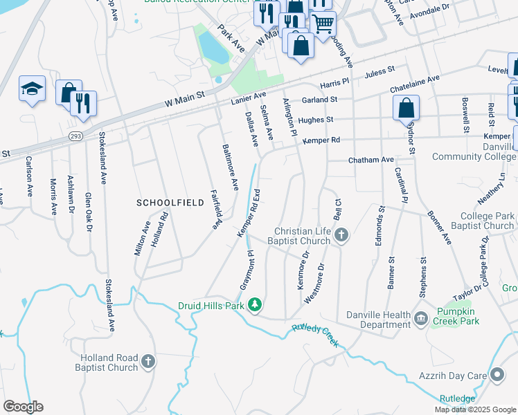 map of restaurants, bars, coffee shops, grocery stores, and more near 102 Kemper Court in Danville