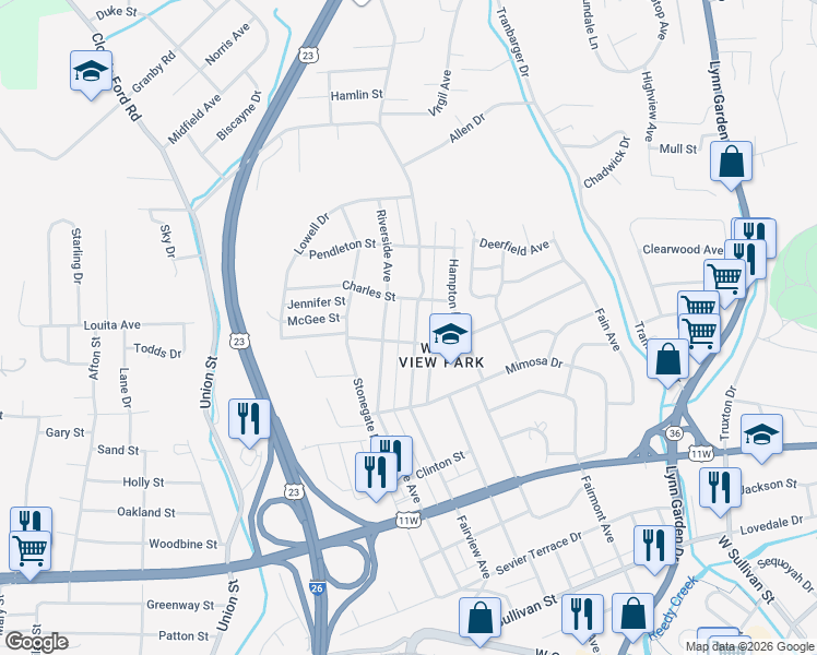map of restaurants, bars, coffee shops, grocery stores, and more near 1110 Fairview Avenue in Kingsport
