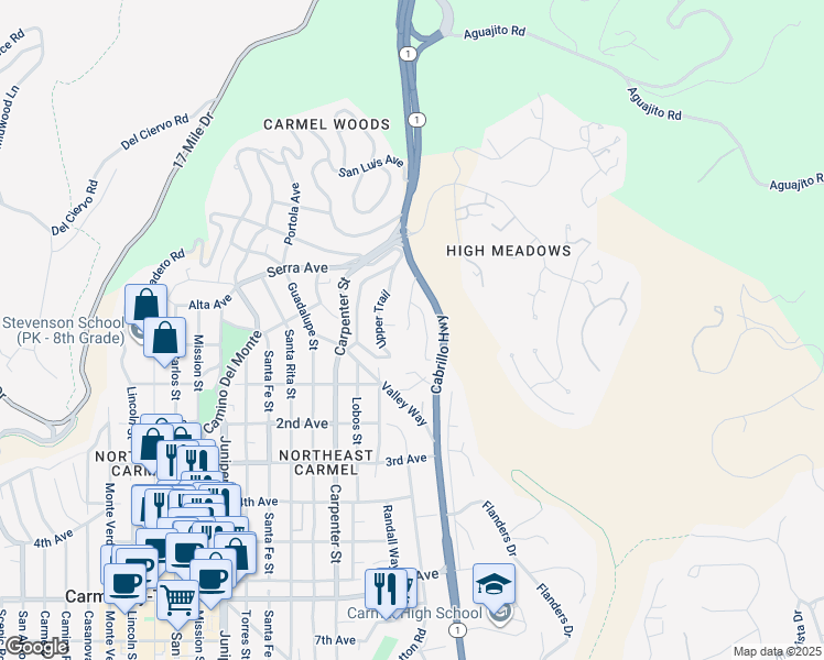 map of restaurants, bars, coffee shops, grocery stores, and more near in Carmel Valley