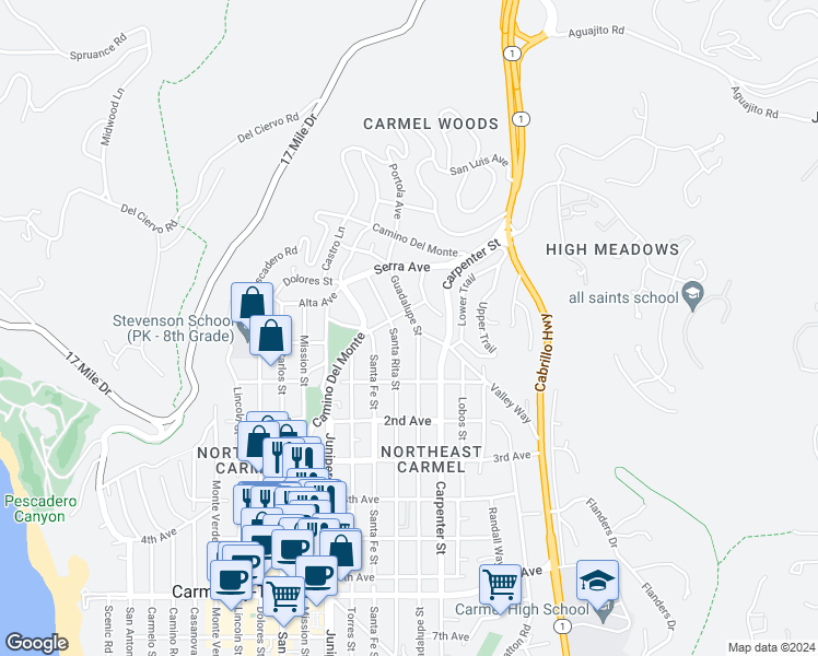 map of restaurants, bars, coffee shops, grocery stores, and more near 24750 Guadalupe Street in Carmel-by-the-Sea
