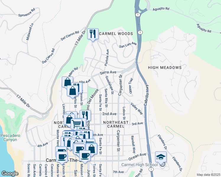 map of restaurants, bars, coffee shops, grocery stores, and more near 24750 Guadalupe Street in Carmel-by-the-Sea
