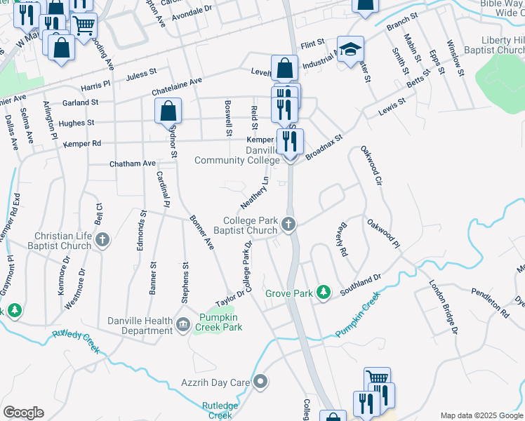 map of restaurants, bars, coffee shops, grocery stores, and more near 1070 South Main Street in Danville