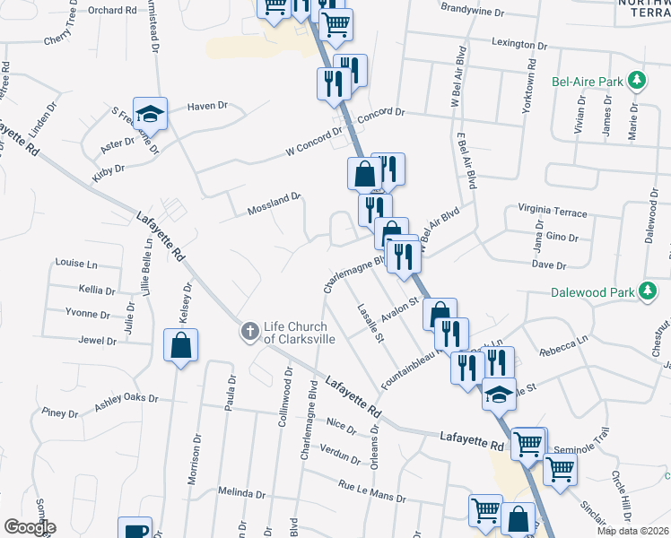 map of restaurants, bars, coffee shops, grocery stores, and more near 9 Charlemagne Boulevard in Clarksville