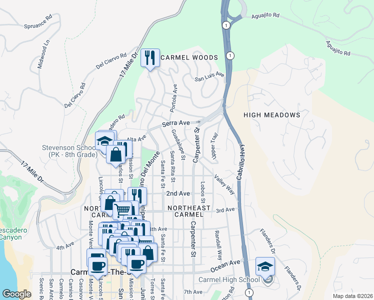 map of restaurants, bars, coffee shops, grocery stores, and more near 24747 Valley Way in Carmel-by-the-Sea