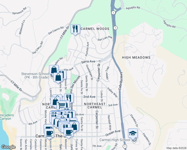 map of restaurants, bars, coffee shops, grocery stores, and more near 24747 Valley Way in Carmel-by-the-Sea
