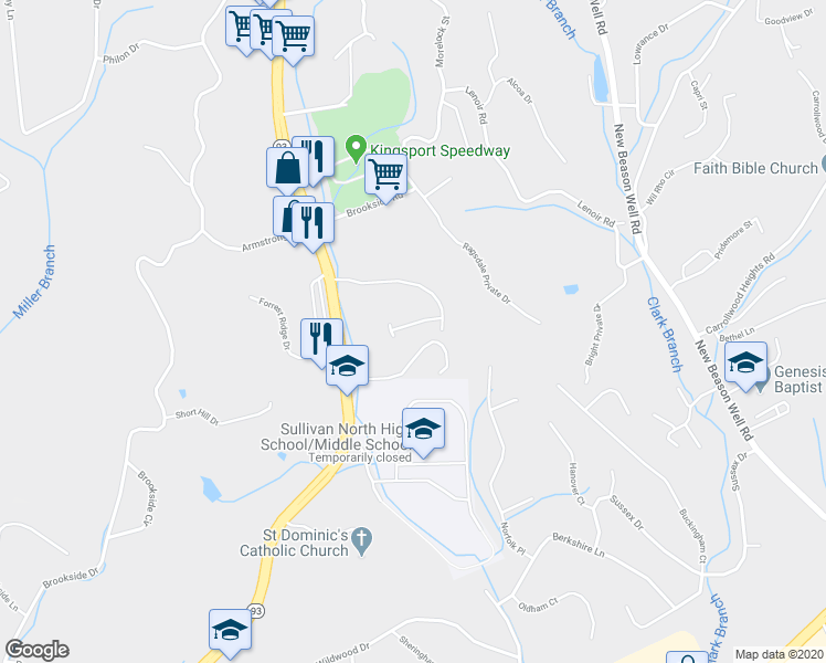 map of restaurants, bars, coffee shops, grocery stores, and more near 2601 North John B Dennis Highway in Kingsport