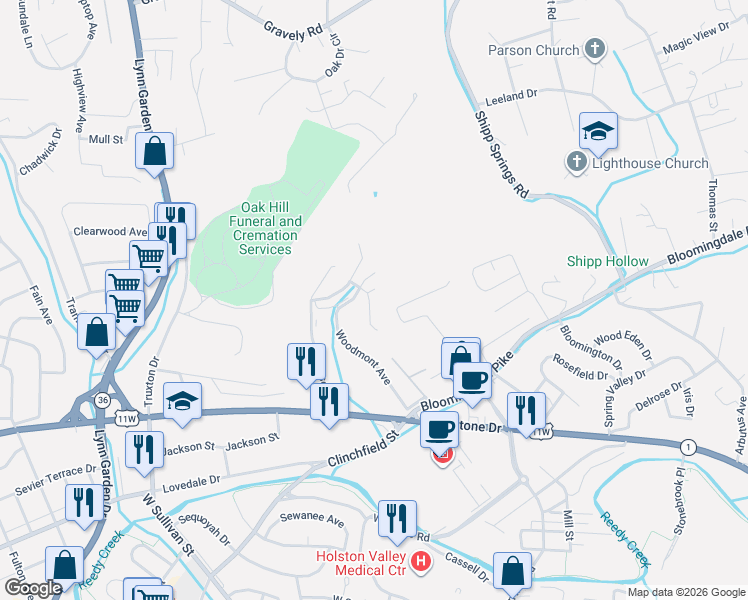 map of restaurants, bars, coffee shops, grocery stores, and more near 904 Corner Stone Court in Kingsport