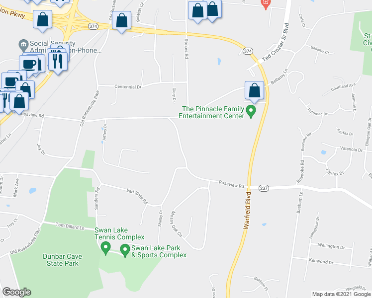 map of restaurants, bars, coffee shops, grocery stores, and more near 340 Rossview Road in Clarksville