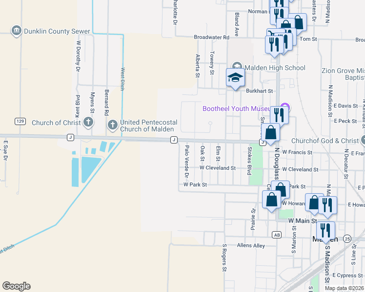 map of restaurants, bars, coffee shops, grocery stores, and more near 1096-1580 State Highway J in Malden