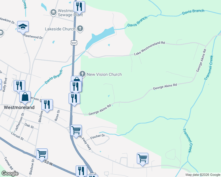 map of restaurants, bars, coffee shops, grocery stores, and more near 235 George Akins Road in Westmoreland