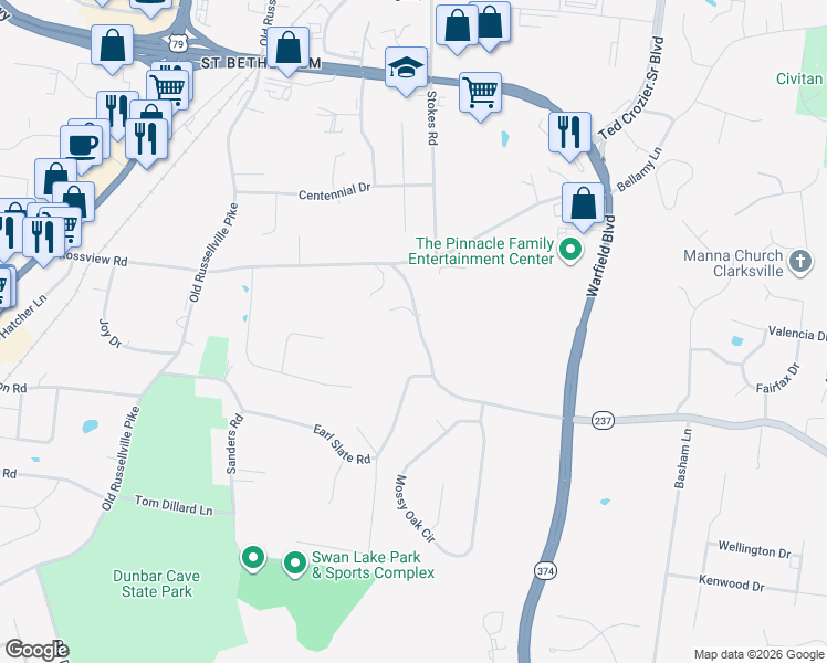 map of restaurants, bars, coffee shops, grocery stores, and more near 340 Rossview Road in Clarksville