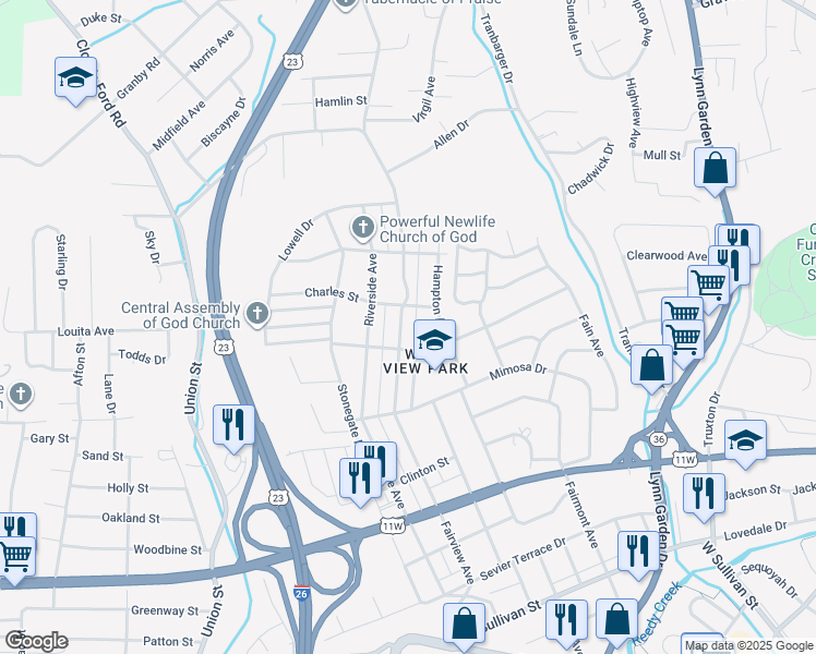 map of restaurants, bars, coffee shops, grocery stores, and more near 1125 Fairview Avenue in Kingsport