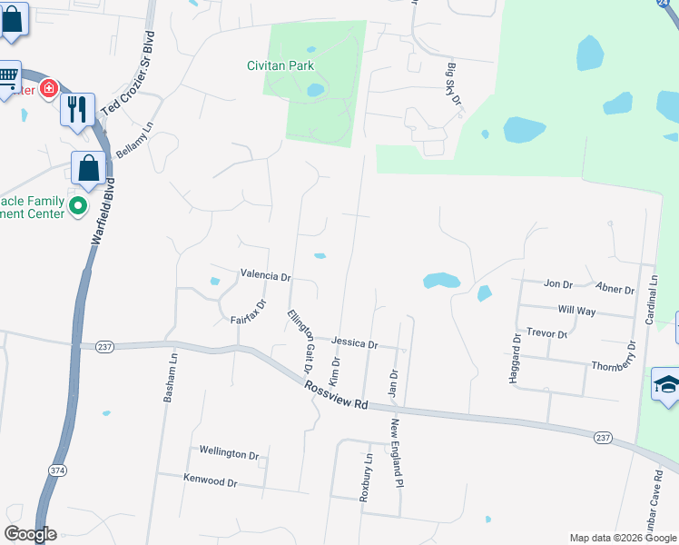 map of restaurants, bars, coffee shops, grocery stores, and more near 2228 Kim Drive in Clarksville
