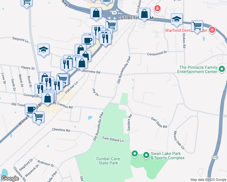 map of restaurants, bars, coffee shops, grocery stores, and more near 2162 Old Russellville Pike in Clarksville