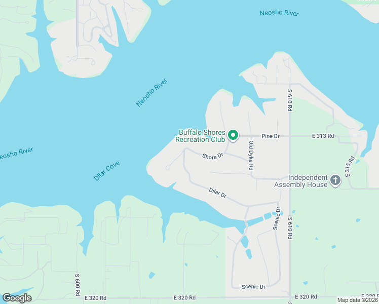 map of restaurants, bars, coffee shops, grocery stores, and more near 3124 Shore Drive in Grove