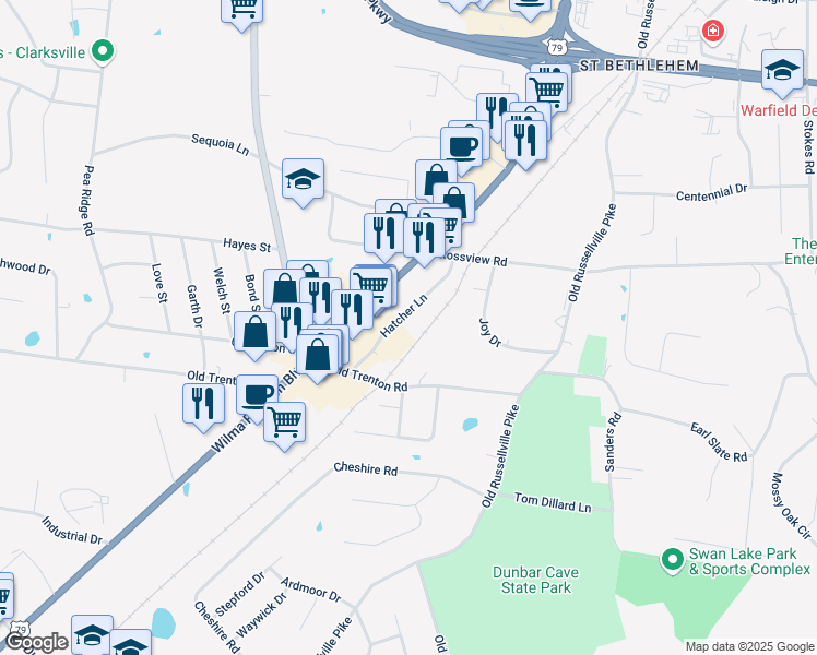 map of restaurants, bars, coffee shops, grocery stores, and more near 131 Hatcher Lane in Clarksville
