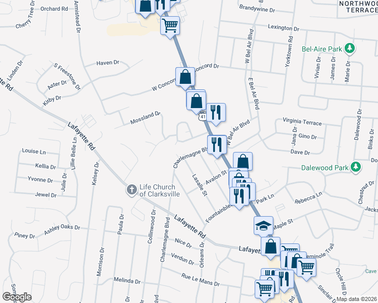 map of restaurants, bars, coffee shops, grocery stores, and more near 9 Charlemagne Boulevard in Clarksville