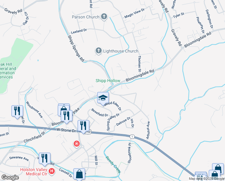 map of restaurants, bars, coffee shops, grocery stores, and more near 1113 Bloomingdale Pike in Kingsport