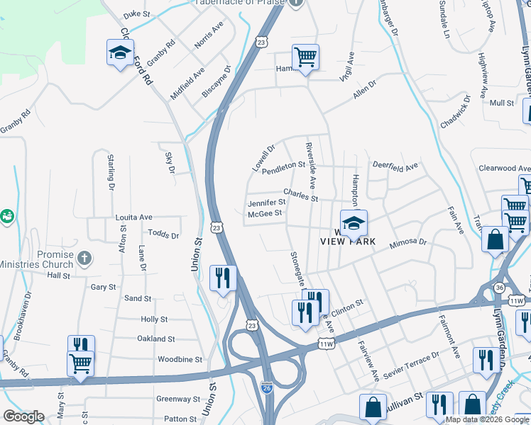 map of restaurants, bars, coffee shops, grocery stores, and more near 1736 McGee Street in Kingsport
