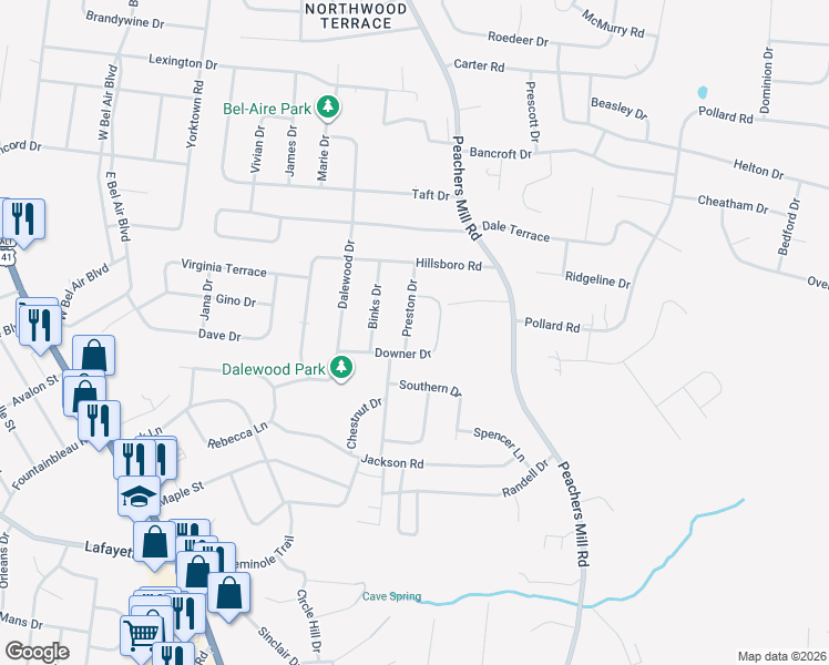 map of restaurants, bars, coffee shops, grocery stores, and more near 219 Downer Drive in Clarksville