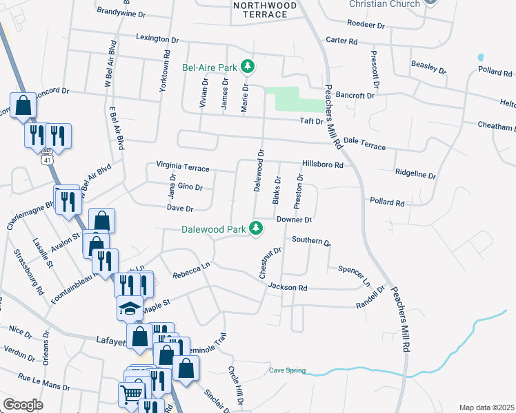 map of restaurants, bars, coffee shops, grocery stores, and more near 22 Dalewood Drive in Clarksville