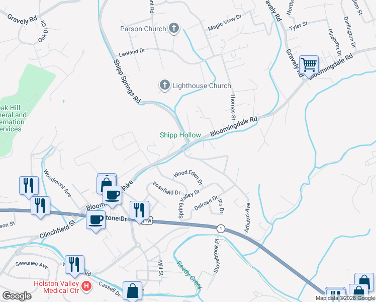 map of restaurants, bars, coffee shops, grocery stores, and more near 1113 Bloomingdale Pike in Kingsport