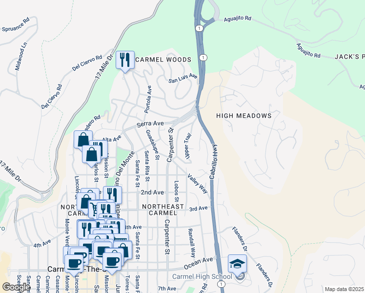 map of restaurants, bars, coffee shops, grocery stores, and more near 24694 Upper Trail in Carmel-by-the-Sea