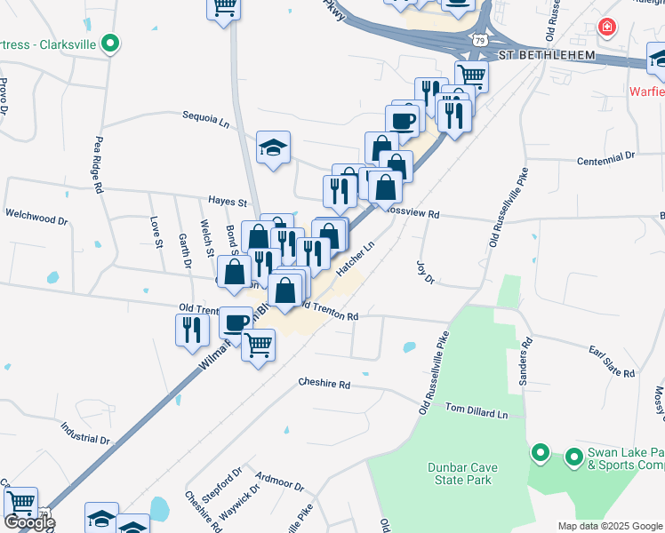 map of restaurants, bars, coffee shops, grocery stores, and more near 2141 Wilma Rudolph Boulevard in Clarksville