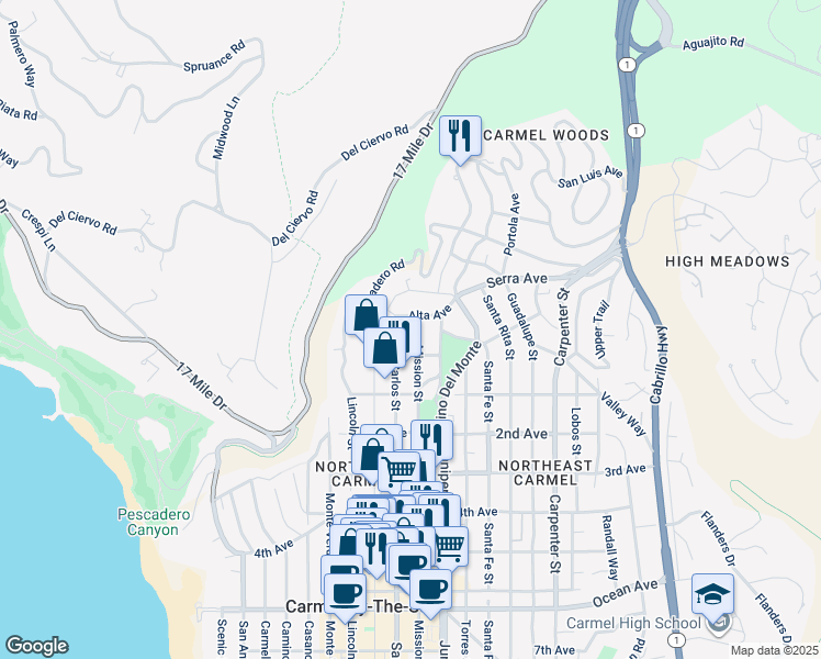 map of restaurants, bars, coffee shops, grocery stores, and more near 3 Mission Street in Carmel-by-the-Sea