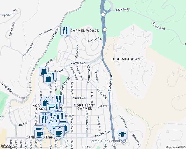 map of restaurants, bars, coffee shops, grocery stores, and more near 24755 Lower Trail in Carmel-by-the-Sea