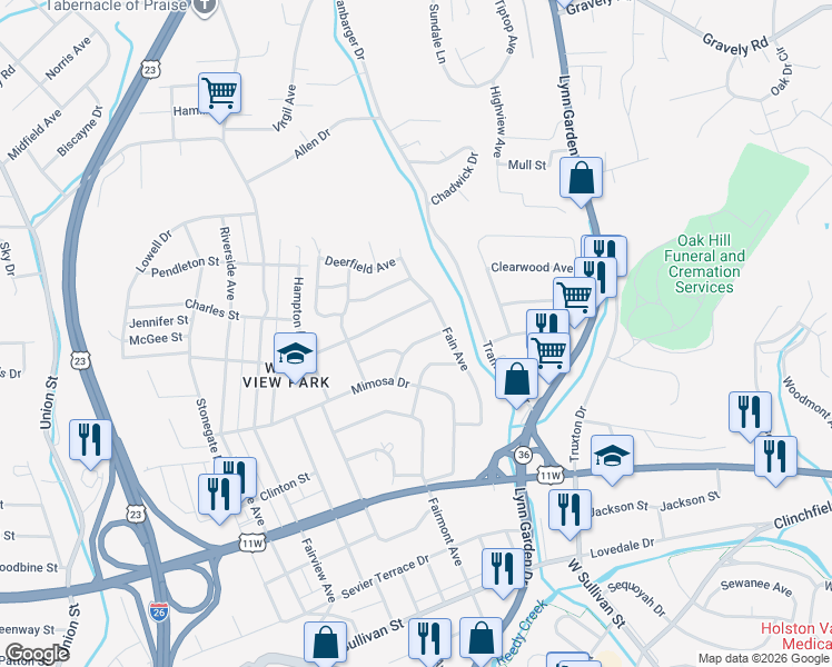 map of restaurants, bars, coffee shops, grocery stores, and more near 1024 Ransome Lane in Kingsport