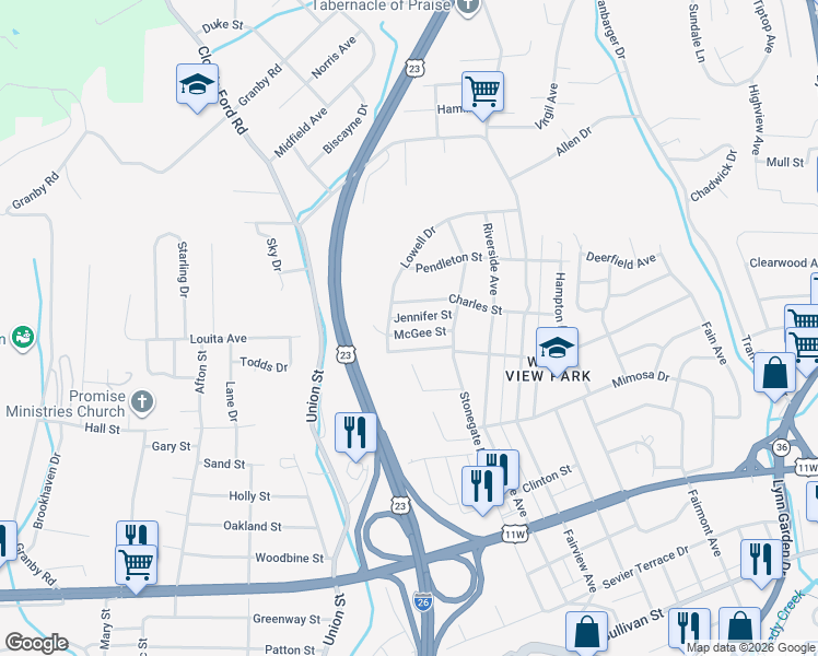 map of restaurants, bars, coffee shops, grocery stores, and more near 1736 McGee Street in Kingsport