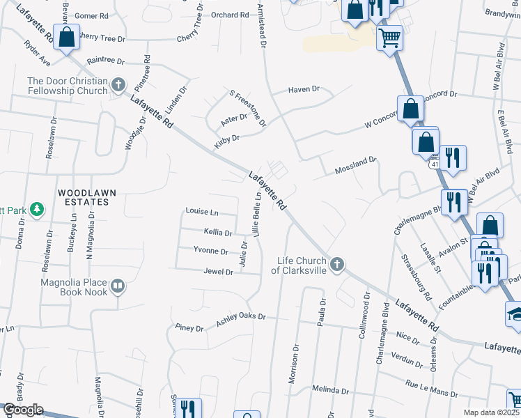 map of restaurants, bars, coffee shops, grocery stores, and more near 391 Lillie Belle Lane in Clarksville