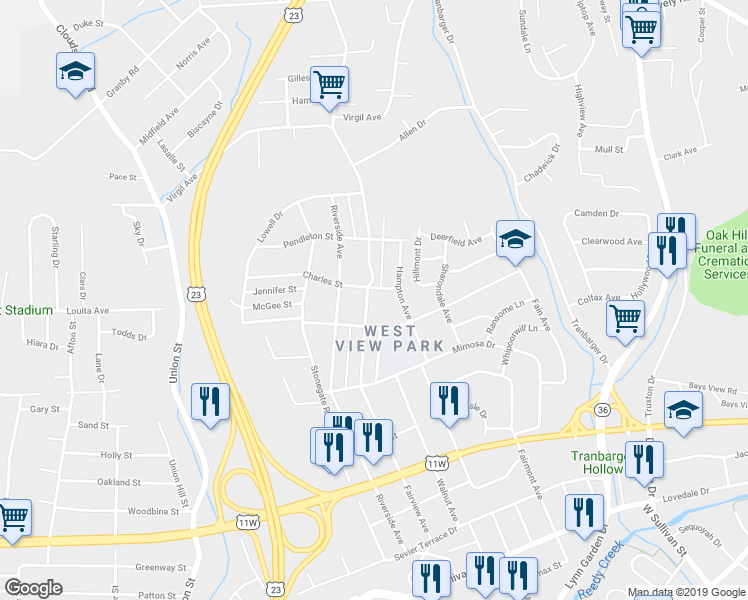 map of restaurants, bars, coffee shops, grocery stores, and more near 1125 Fairview Avenue in Kingsport