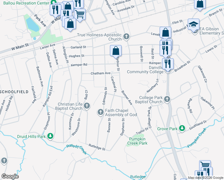 map of restaurants, bars, coffee shops, grocery stores, and more near 656 Cardinal Place in Danville