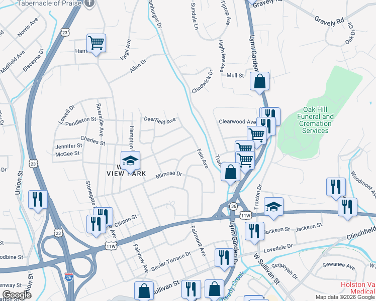 map of restaurants, bars, coffee shops, grocery stores, and more near 1024 Ransome Lane in Kingsport