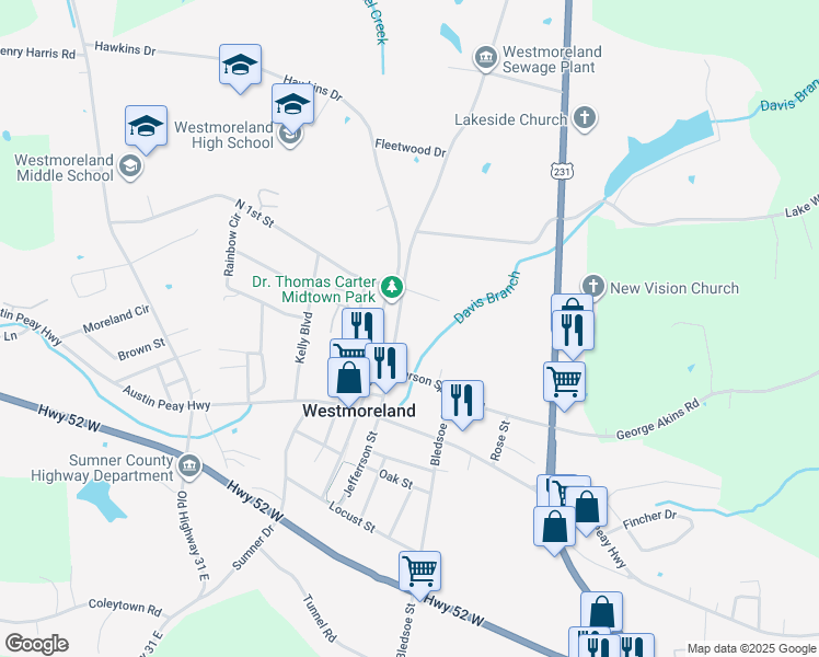 map of restaurants, bars, coffee shops, grocery stores, and more near 1118 Pleasant Grove Rd in Westmoreland