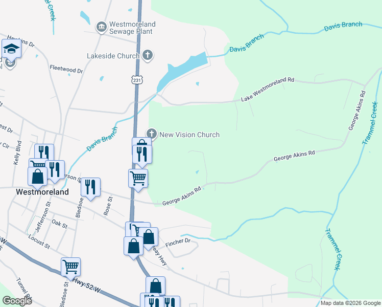 map of restaurants, bars, coffee shops, grocery stores, and more near 235 George Akins Road in Westmoreland