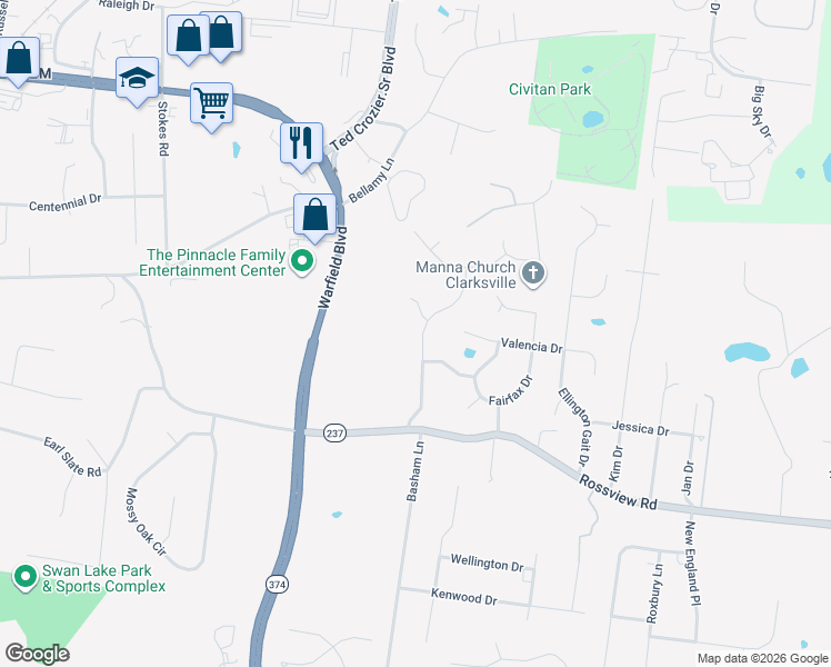 map of restaurants, bars, coffee shops, grocery stores, and more near 2224 Roanoke Road in Clarksville