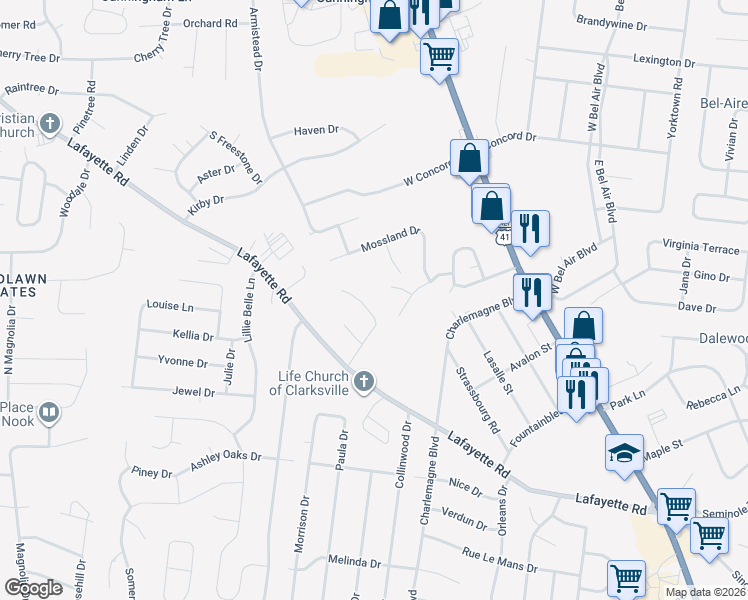 map of restaurants, bars, coffee shops, grocery stores, and more near 125 Monarch Lane in Clarksville
