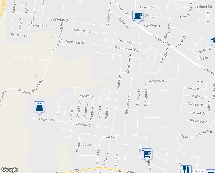 map of restaurants, bars, coffee shops, grocery stores, and more near 707 Anita Court in Clarksville
