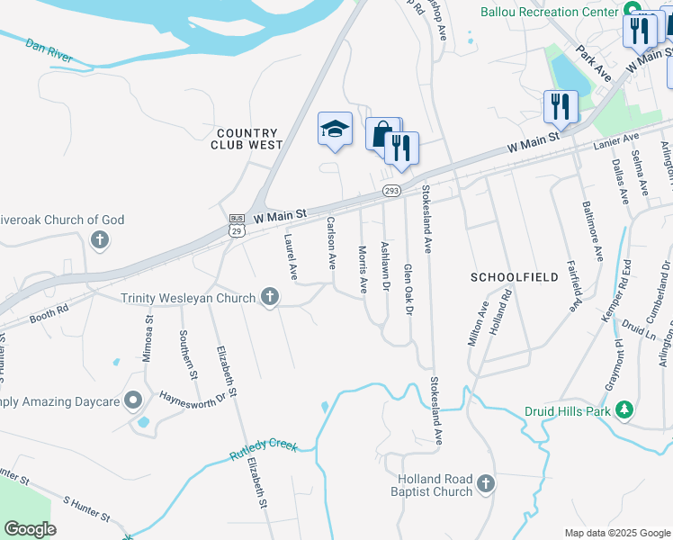 map of restaurants, bars, coffee shops, grocery stores, and more near 65 Carlson Avenue in Danville