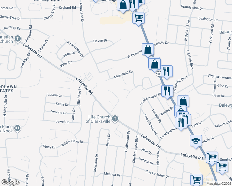 map of restaurants, bars, coffee shops, grocery stores, and more near 125 Monarch Lane in Clarksville