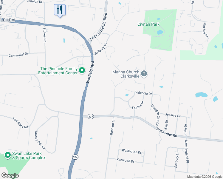 map of restaurants, bars, coffee shops, grocery stores, and more near 2224 Roanoke Road in Clarksville